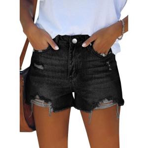image:imageonlypuff Womens Jean Short Cut Off Denim Shorts High Waist Ripped Distressed Stretchy 01black