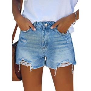 image:imageonlypuff Womens Jean Short Cut Off Denim Shorts High Waist Ripped Distressed Stretchy 01light Blue