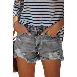 image:imageonlypuff Womens Jean Short Cut Off Denim Shorts High Waist Ripped Distressed Stretchy 04grey