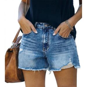 image:imageonlypuff Womens Jean Short Cut Off Denim Shorts High Waist Ripped Distressed Stretchy 05c Blue