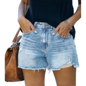 image:imageonlypuff Womens Jean Short Cut Off Denim Shorts High Waist Ripped Distressed Stretchy 05c Light Blue