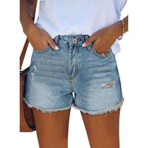 image:imageonlypuff Womens Jean Short Cut Off Denim Shorts High Waist Ripped Distressed Stretchy 06i Light Blue