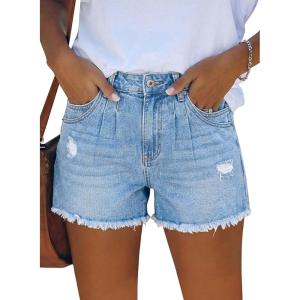image:imageonlypuff Womens Jean Short Cut Off Denim Shorts High Waist Ripped Distressed Stretchy 06k Light Blue