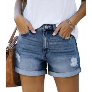 image:imageonlypuff Womens Jean Short Cut Off Denim Shorts High Waist Ripped Distressed Stretchy 10 Ablue