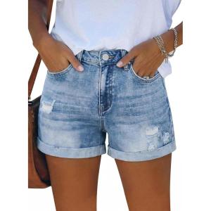 image:imageonlypuff Womens Jean Short Cut Off Denim Shorts High Waist Ripped Distressed Stretchy 11n Light Blue