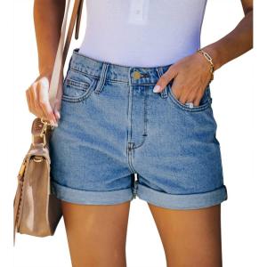 image:imageonlypuff Womens Jean Short Cut Off Denim Shorts High Waist Ripped Distressed Stretchy 14navy Blue
