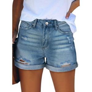 image:imageonlypuff Womens Jean Short Cut Off Denim Shorts High Waist Ripped Distressed Stretchy 15blue