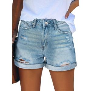 image:imageonlypuff Womens Jean Short Cut Off Denim Shorts High Waist Ripped Distressed Stretchy 15light Blue