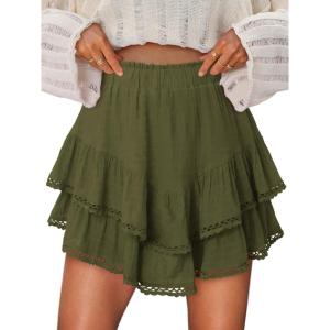 image:imageonlypuff Flowy Shorts for Women Ruffle Skorts Mini Skirts High Waisted Teen Gilrs Tennis Skort Summer ShortsA Army Green