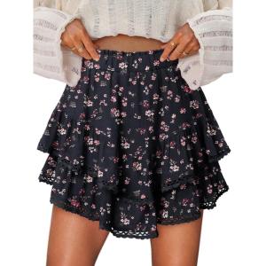 image:imageonlypuff Flowy Shorts for Women Ruffle Skorts Mini Skirts High Waisted Teen Gilrs Tennis Skort Summer ShortsC Black Flower