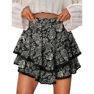image:imageonlypuff Flowy Shorts for Women Ruffle Skorts Mini Skirts High Waisted Teen Gilrs Tennis Skort Summer ShortsC Black White Floral