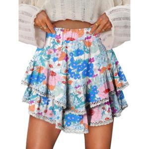 image:imageonlypuff Flowy Shorts for Women Ruffle Skorts Mini Skirts High Waisted Teen Gilrs Tennis Skort Summer ShortsC Floral Pink