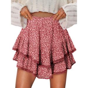 image:imageonlypuff Flowy Shorts for Women Ruffle Skorts Mini Skirts High Waisted Teen Gilrs Tennis Skort Summer ShortsC Floral Red