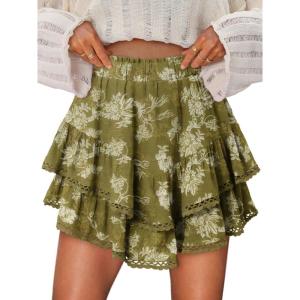 image:imageonlypuff Flowy Shorts for Women Ruffle Skorts Mini Skirts High Waisted Teen Gilrs Tennis Skort Summer ShortsC Olive Flower