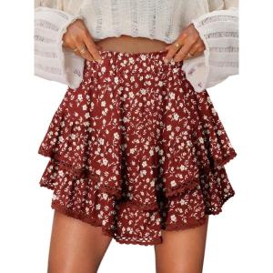 image:imageonlypuff Flowy Shorts for Women Ruffle Skorts Mini Skirts High Waisted Teen Gilrs Tennis Skort Summer ShortsC Red White Flower
