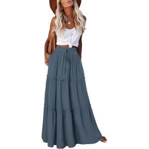 image:imageonlypuff Maxi Skirt for Women Boho Western Skirts High Waist Long Skirt with Pockets Fall Festival Outfits Clothing02 Grey Blue